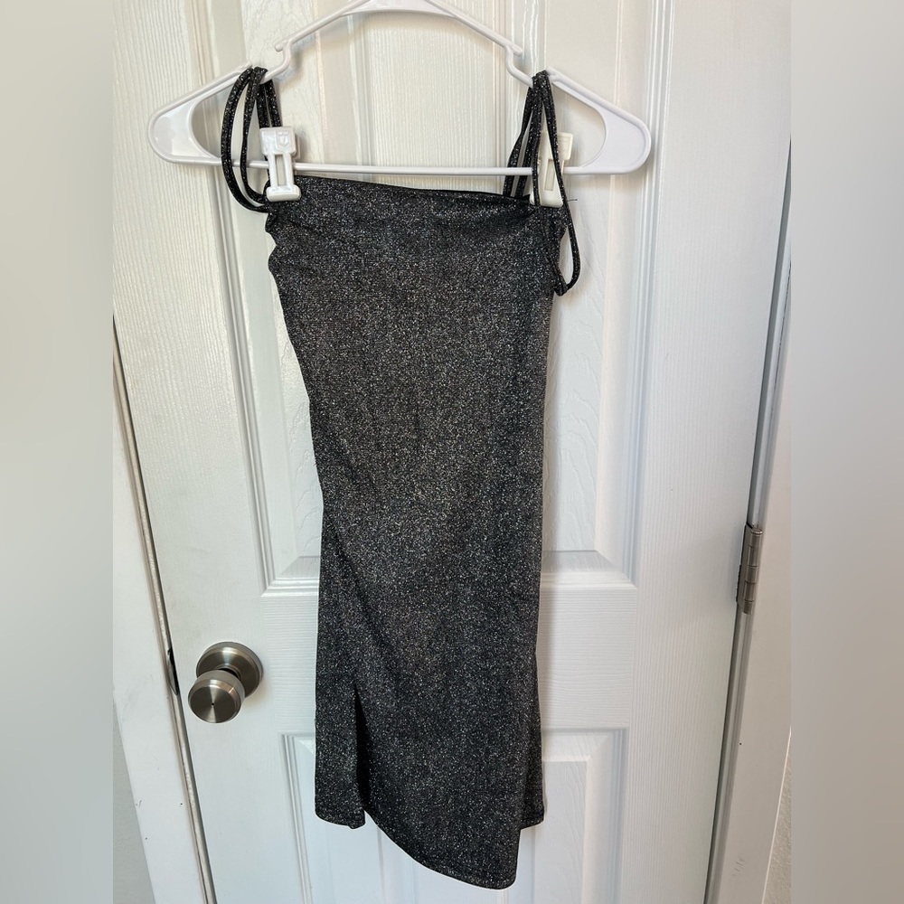 Black & Silver Shimmer Glitter Body Con Criss Cross Back Dress